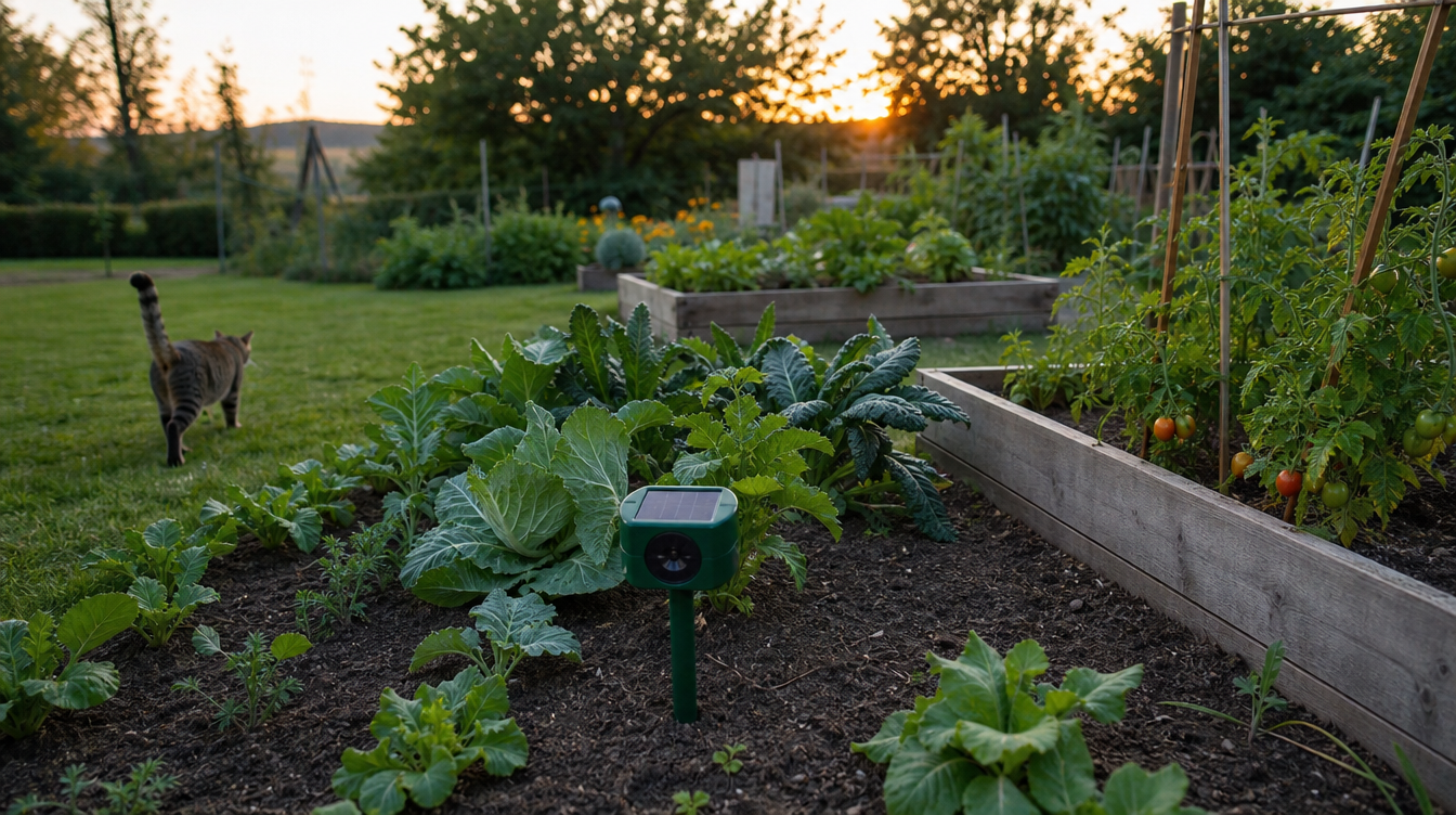 Répulsif solaire à ultrasons planté en bordure de potager pour éloigner les animaux