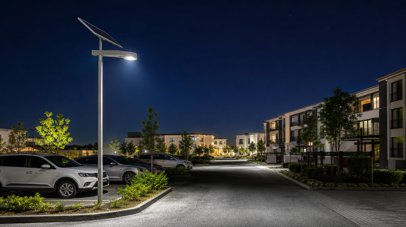Réverbère solaire éclairant un parking de copropriété la nuit