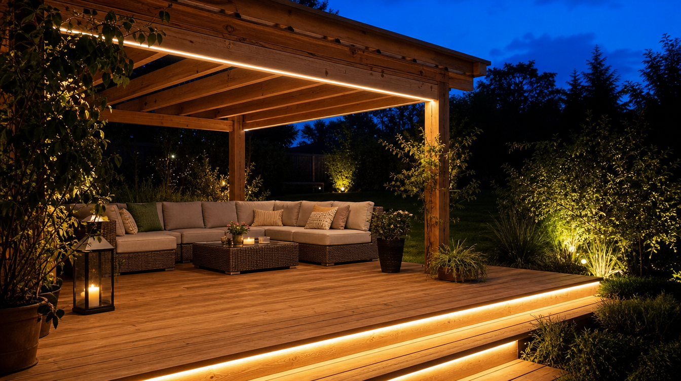 Ruban LED solaire extérieur installé sous une pergola au-dessus d'une terrasse