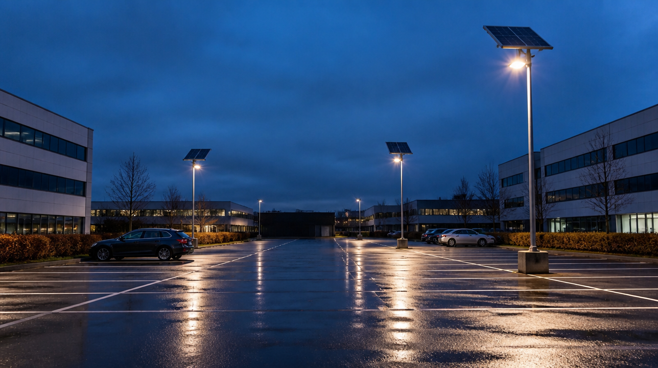Parking d'entreprise éclairé par des mâts solaires autonomes à la tombée de la nuit