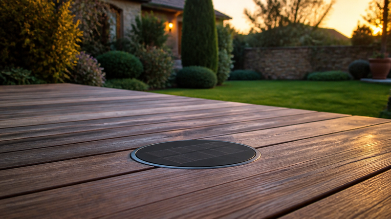 Spot solaire encastrable affleurant les lames d'une terrasse en bois au crépuscule