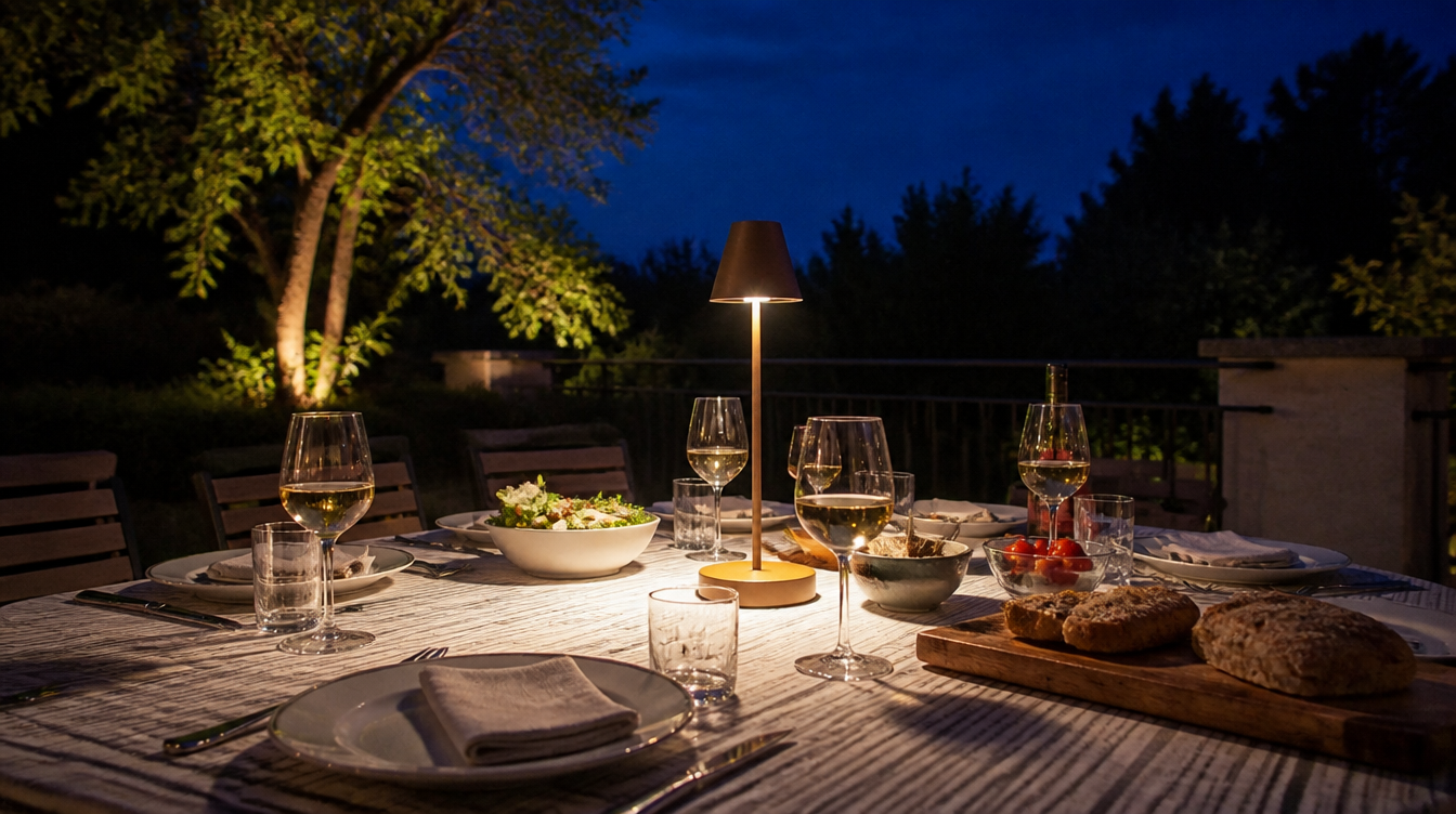 Lampe de table solaire éclairant un repas dressé sur une terrasse de jardin le soir