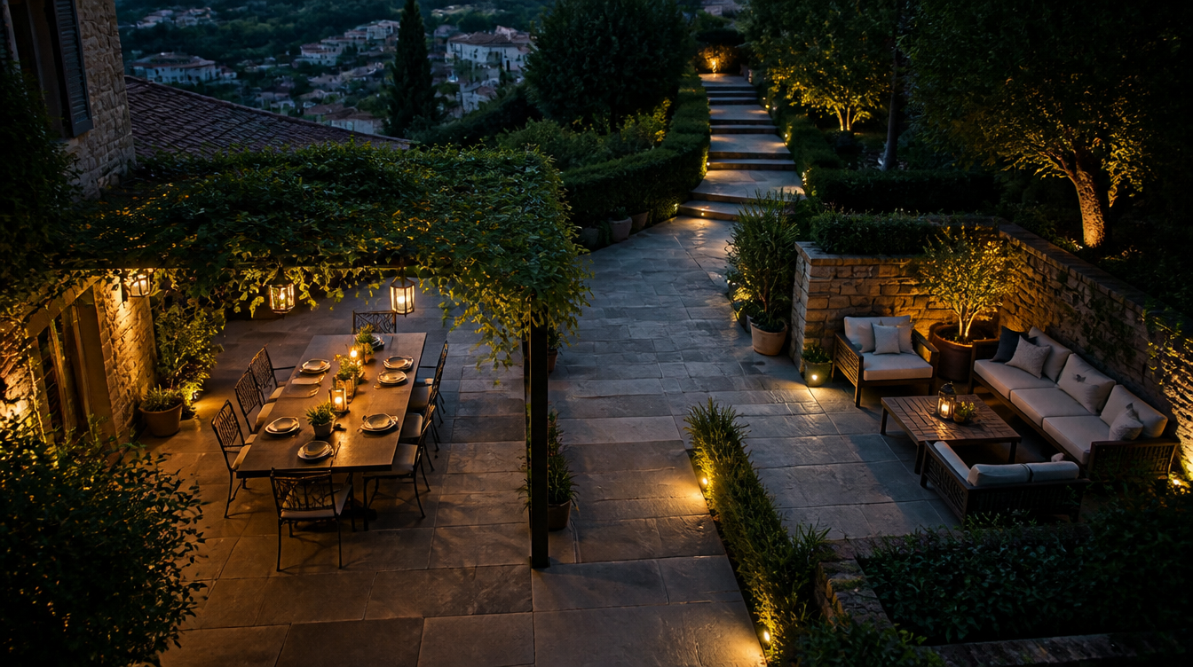 Terrasse vue de haut au crépuscule avec trois zones éclairées : repas, circulation et détente