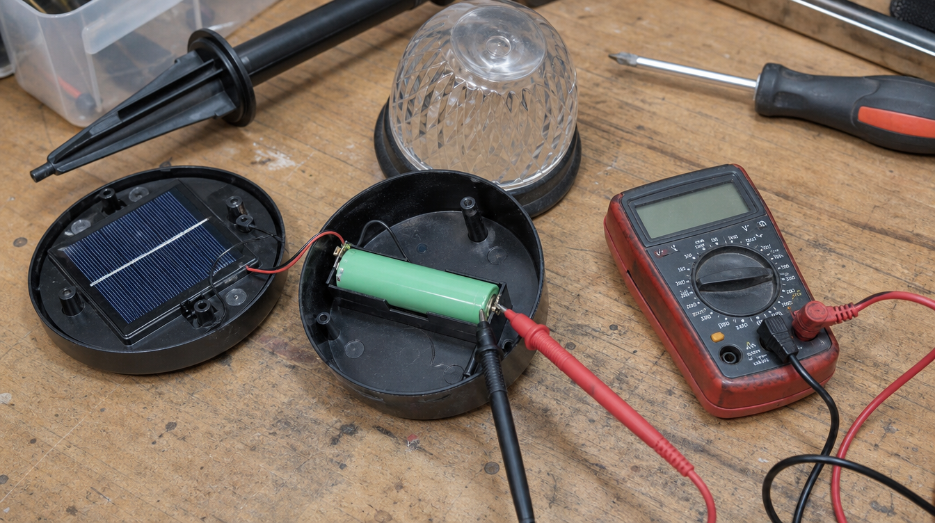 Diagnostic d'une lampe solaire au multimètre : mesure de la tension du panneau