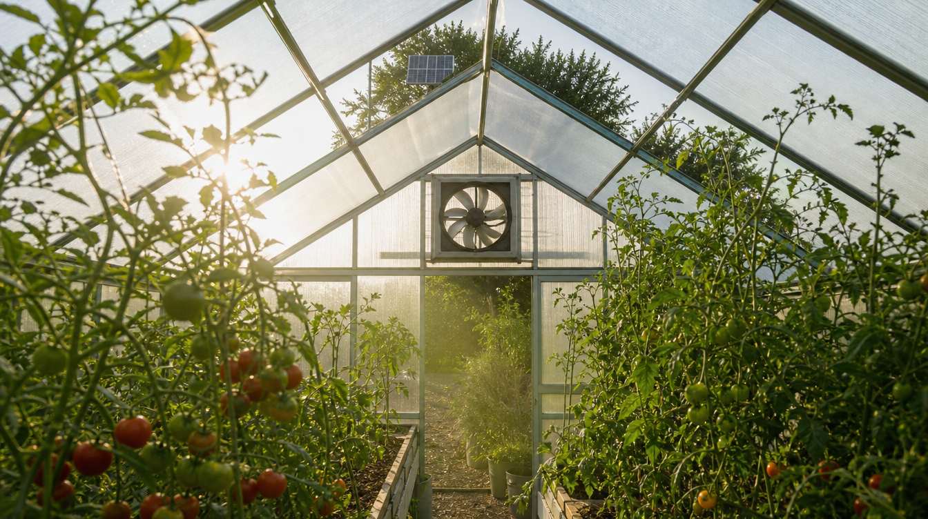 Extracteur solaire installé sur le pignon d'une serre de jardin