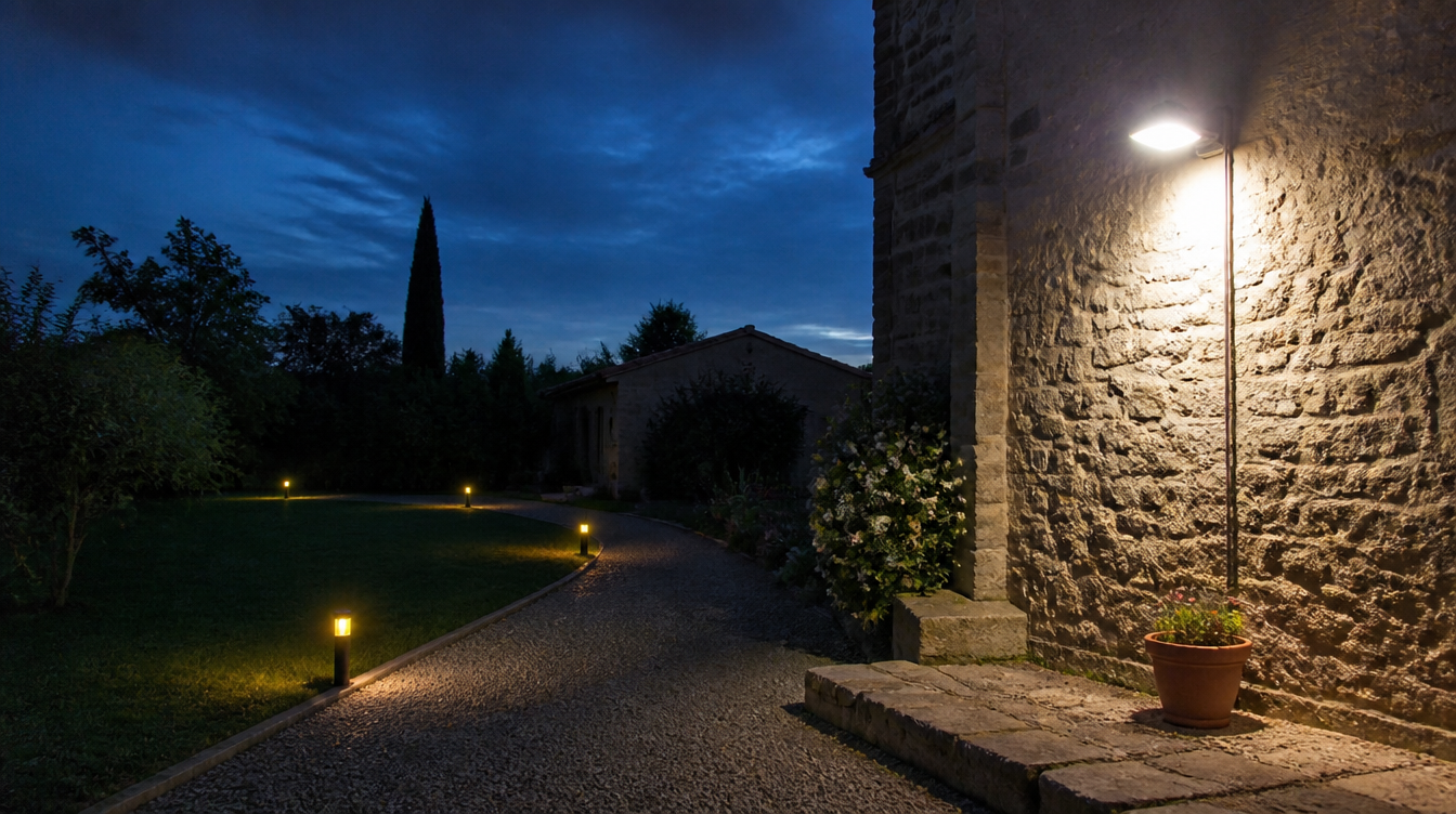 Jardin au crépuscule avec un projecteur filaire sur la façade et des bornes solaires sur l'allée