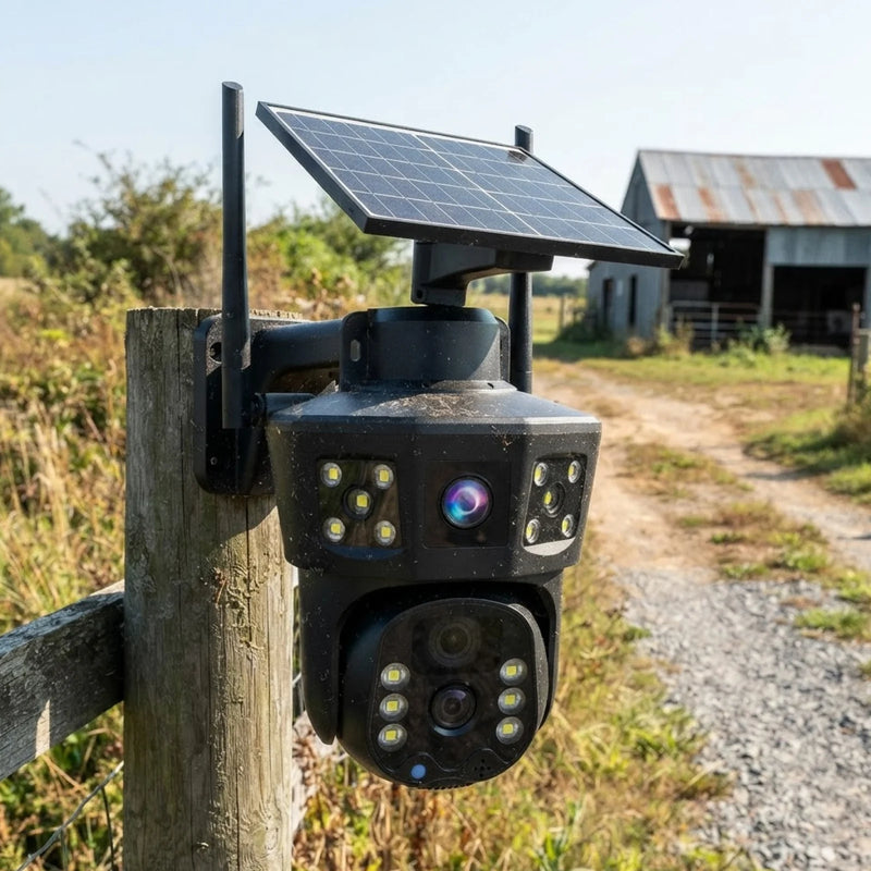 Caméra Solaire WiFi Extérieure Double Objectif Panneau Réglable