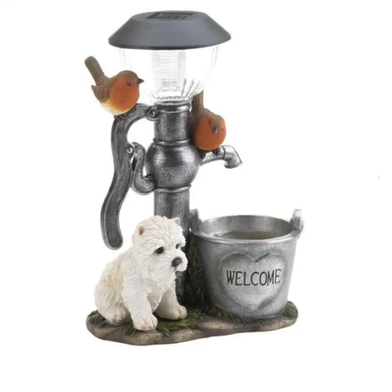 Statue chien solaire lumineuse en résine pour jardin