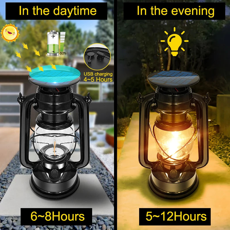 Lanterne solaire vintage LED en métal antique pour jardin et camping