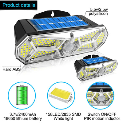 Lampe Solaire 158 LED Détecteur Mouvement IP65 Grand Angle Murale