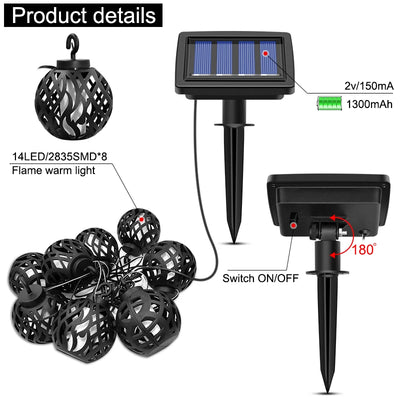 Guirlande Lanterne Solaire LED Flamme Vacillante 8 Boules Jardin