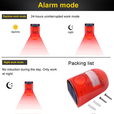 Lampe Alarme Solaire 6 LED Rouge Sirène 110dB Détecteur IP65
