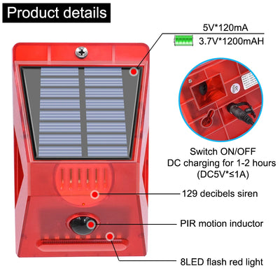 Lampe Alarme Solaire Stroboscopique Sirène 129dB Détecteur IP65