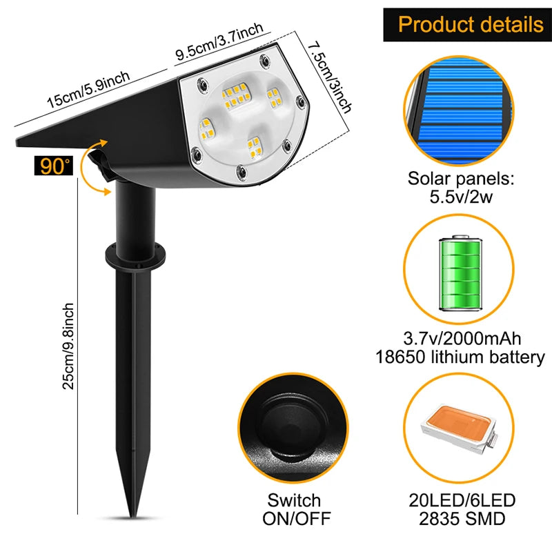 Spot solaire 2 en 1 réglable étanche pour jardin et allée