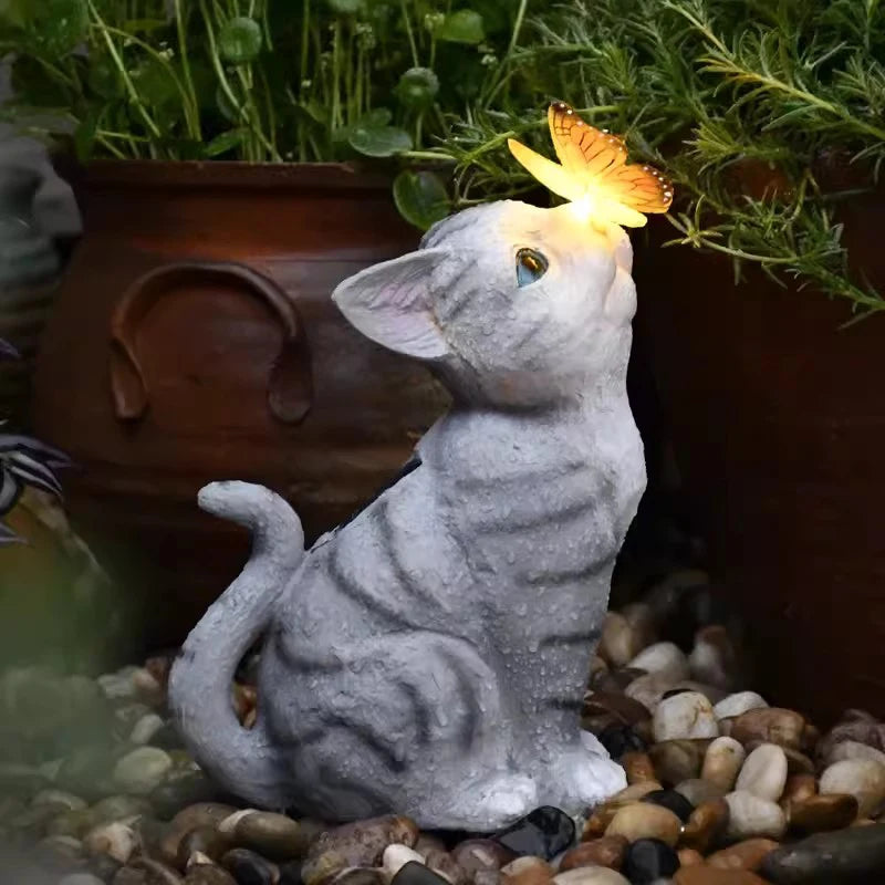 Lampe Solaire Décorative Chat et Papillon de Jardin