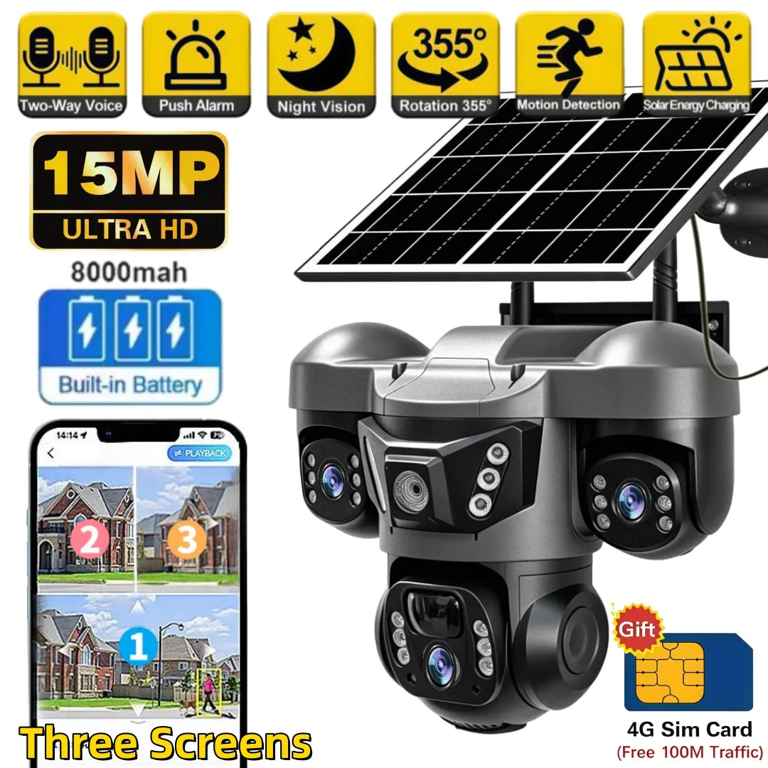 Caméra Solaire 4G Triple Objectif 8K Extérieure