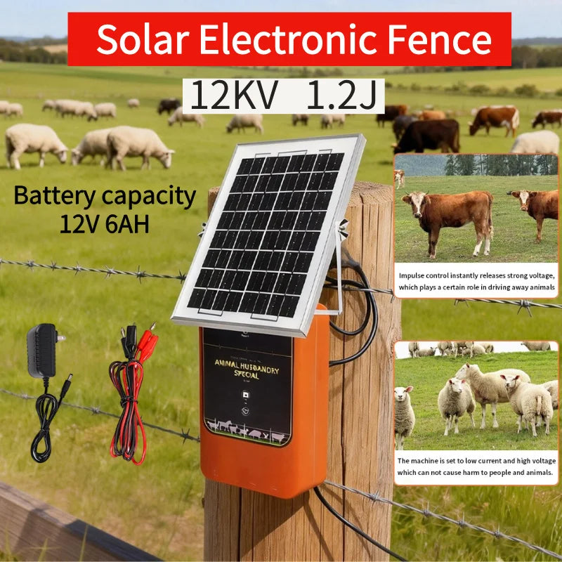 Électrificateur de Clôture Solaire 10 km 12 kV 1,2 J 12V 6 Ah