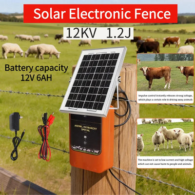 Électrificateur de Clôture Solaire 10 km 12 kV 1,2 J 12V 6 Ah