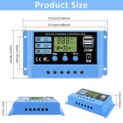 Régulateur Solaire PWM 30A 12V 24V LCD Double Sortie USB