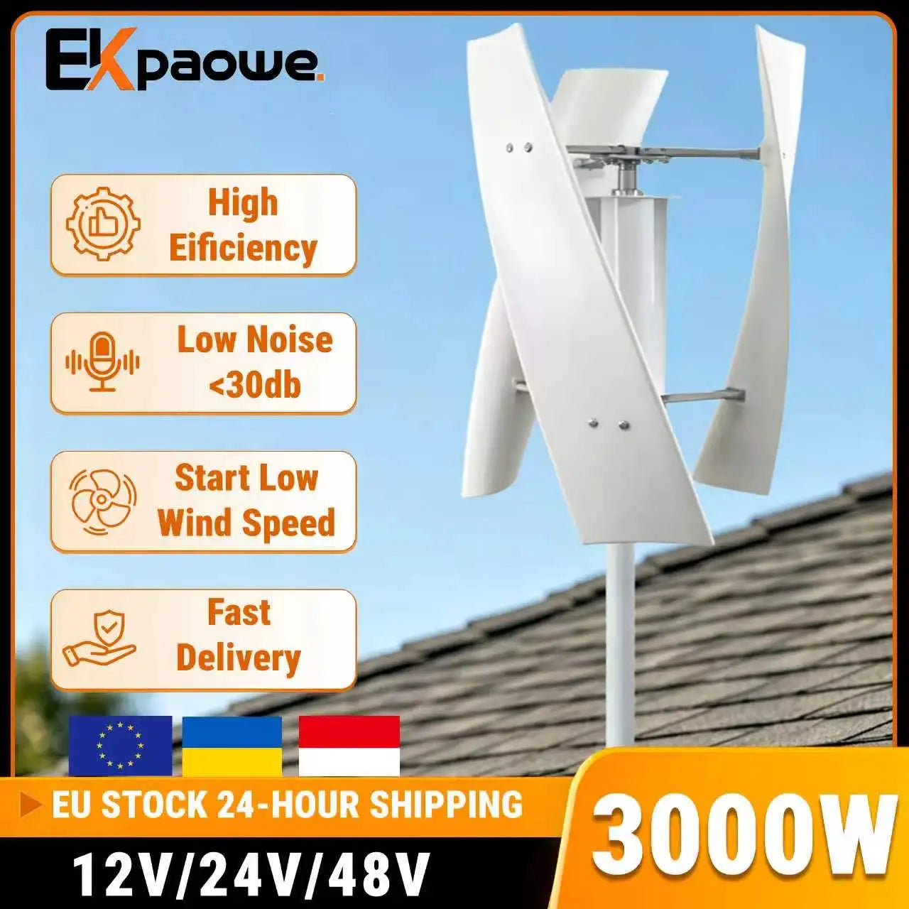 Générateur Éolien Vertical EKPAOWE 3000W 12V 24V 48V
