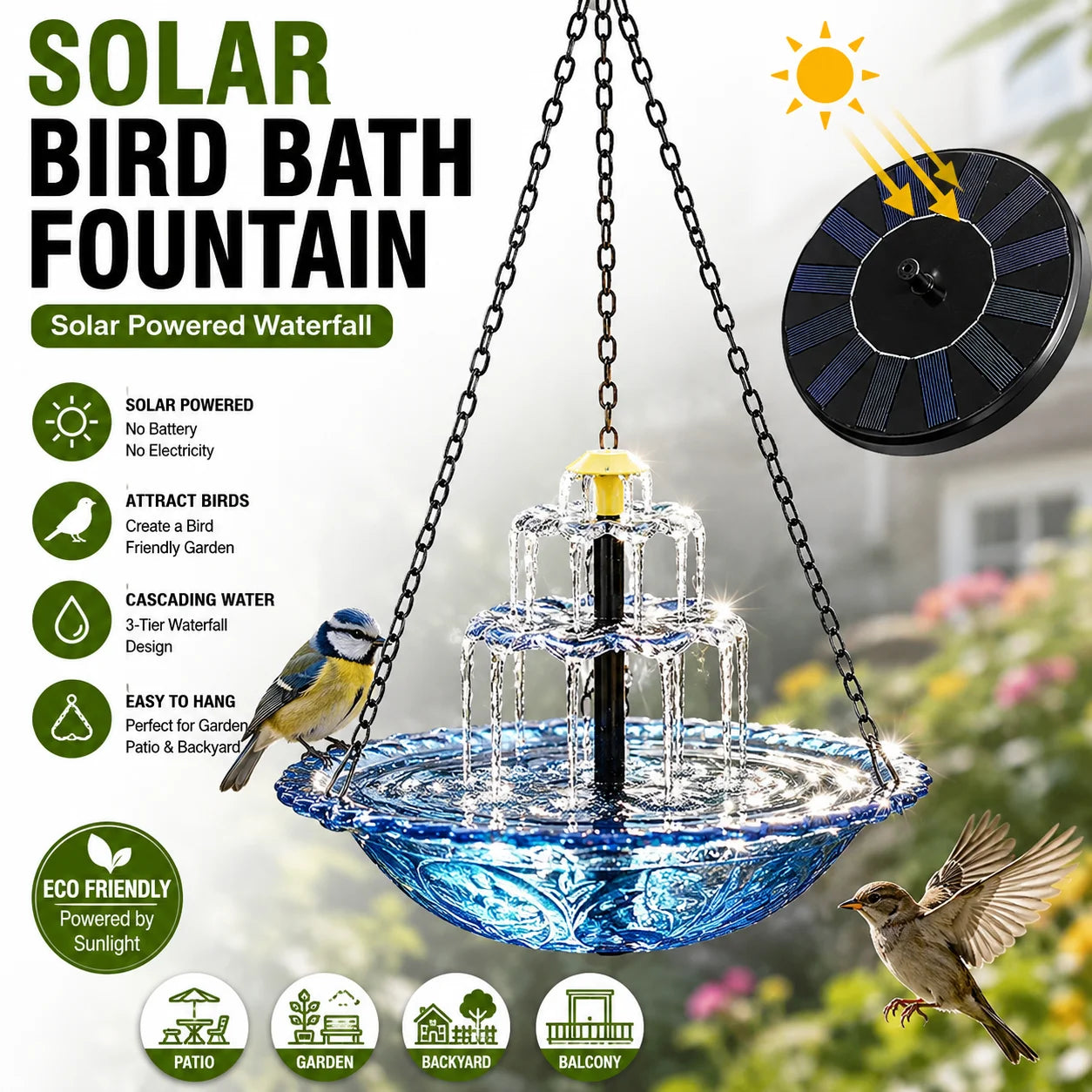 Fontaine Solaire Suspendue Cascade 3 Niveaux pour Oiseaux
