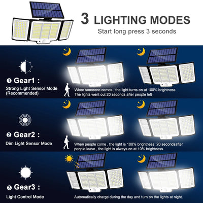 Lampe Solaire 3 Têtes 348 LED Détecteur Mouvement Télécommande