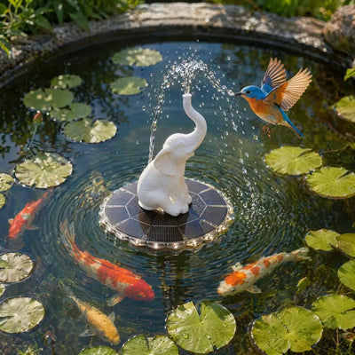 Fontaine Solaire Flottante Statue Éléphant à LED