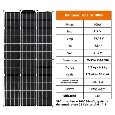 Panneau Solaire Flexible 100W Monocristallin Léger