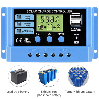 Régulateur Solaire PWM 30A 12V 24V LCD Double Sortie USB