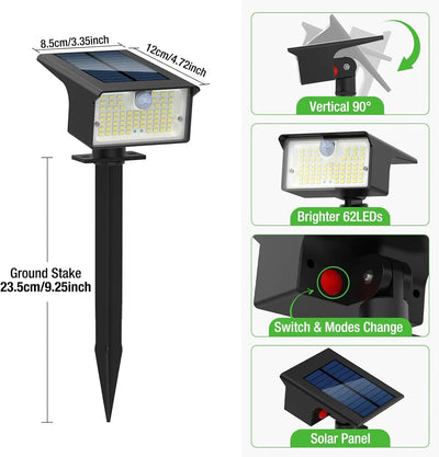 Spot Solaire 62 LED Détecteur Mouvement 3 Modes Jardin