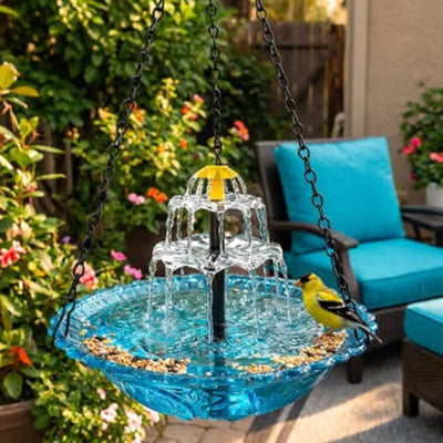 Bain d'Oiseaux Solaire Cascade avec Bol en Verre et Mangeoire