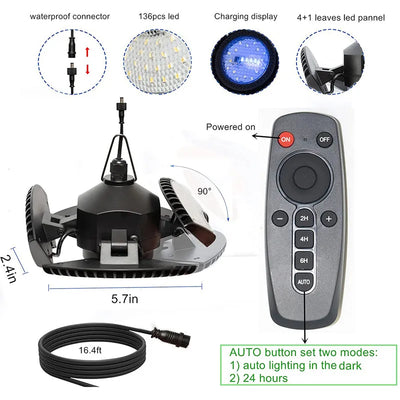 Plafonnier Solaire Extérieur 136 LED Pliable pour Garage