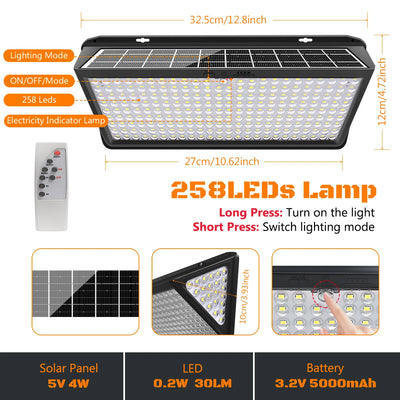 Projecteur Solaire Mural 258 LED Détecteur Mouvement IP65