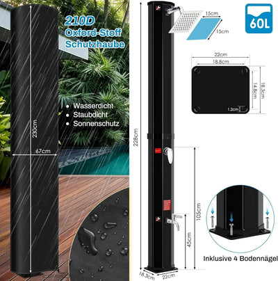 Douche Solaire de Jardin 60L Colonne 228 cm Pivotante 360°