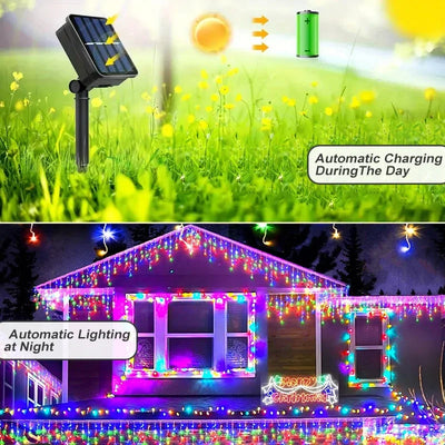 Rideau Solaire Glaçons LED Étanche Noël pour Avant-Toit