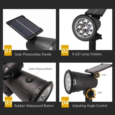 Spot Solaire RGB Extérieur 9 LED Luminosité Réglable pour Jardin et Palmiers
