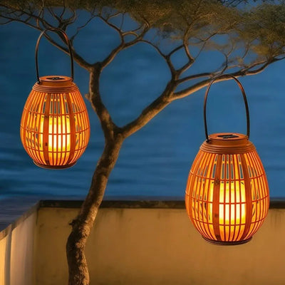 Lanterne Solaire Tissée Portable Effet Bambou