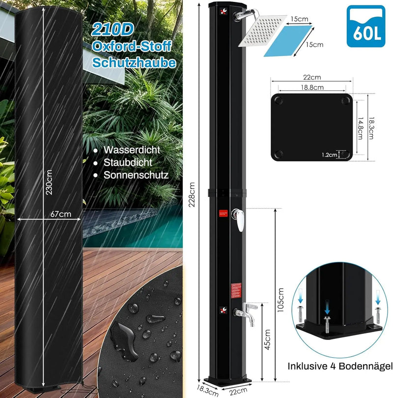 Douche Solaire Extérieure 60 L Autoportante avec Lave-Pieds