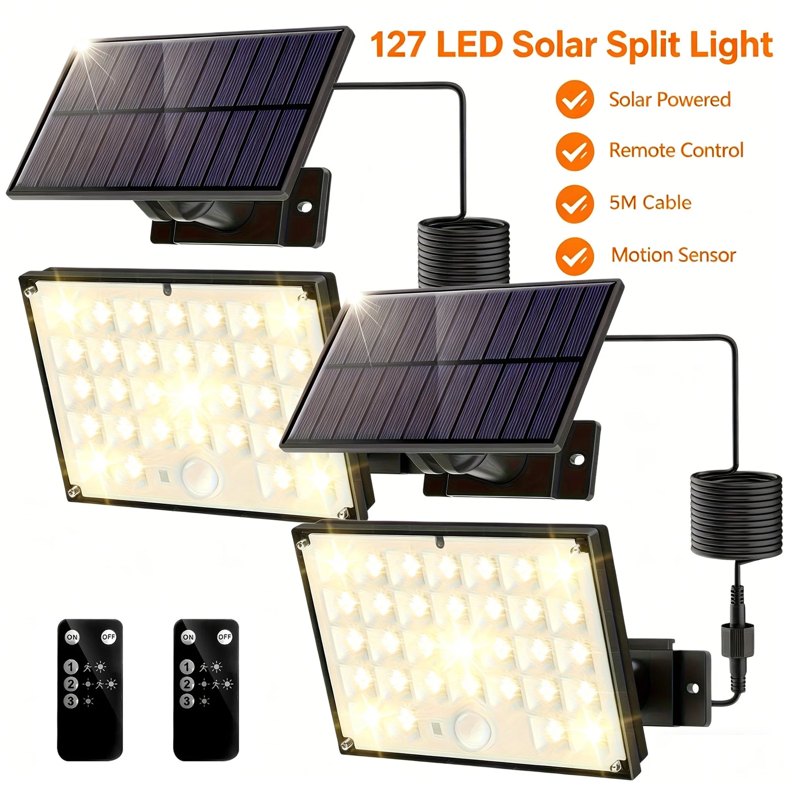 Projecteur solaire 127 LED blanc chaud à panneau séparé