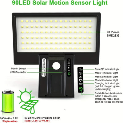Applique Murale Solaire Extérieur Détecteur de Mouvement 90 LED