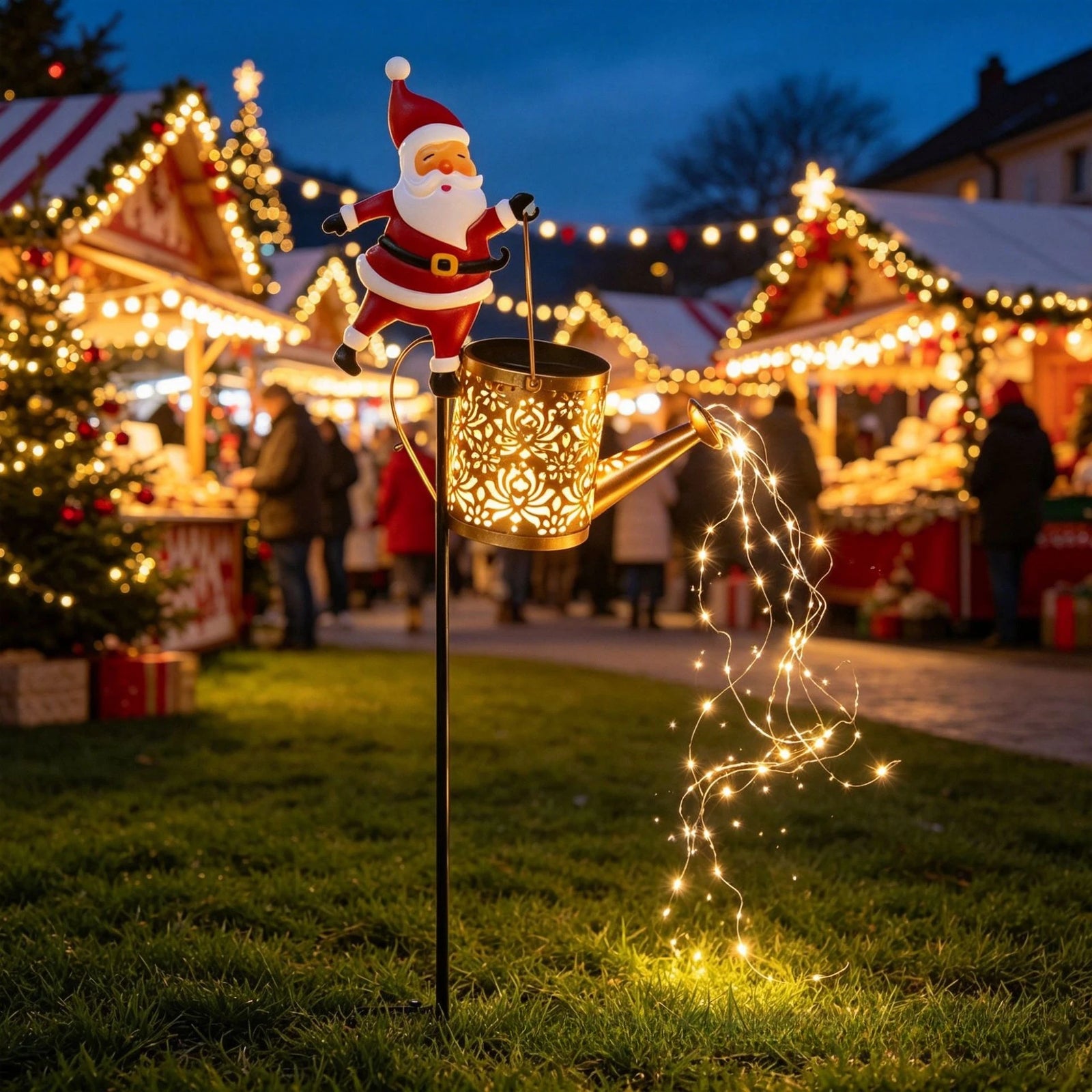 Lanterne Solaire Père Noël Arrosoir Lumineux en Métal