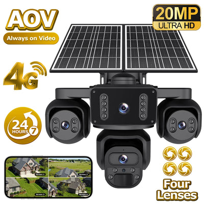 Caméra de Surveillance Solaire 4G 4 Objectifs 4 Écrans PIR
