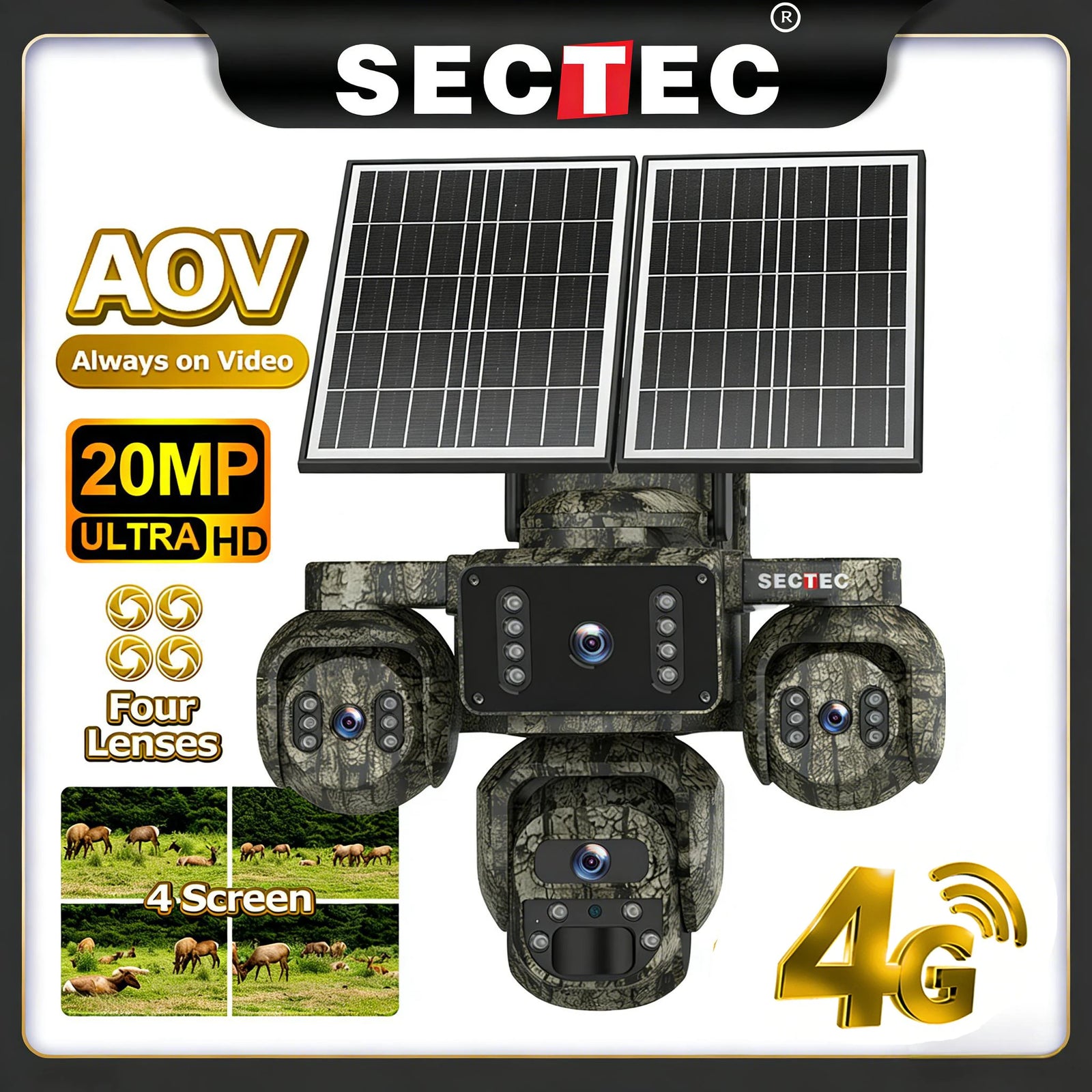 Caméra Solaire 4G Extérieure 20 MP 4 Objectifs