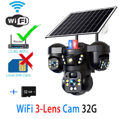 Caméra de Surveillance Solaire 4G WiFi 15MP 3 Objectifs V380