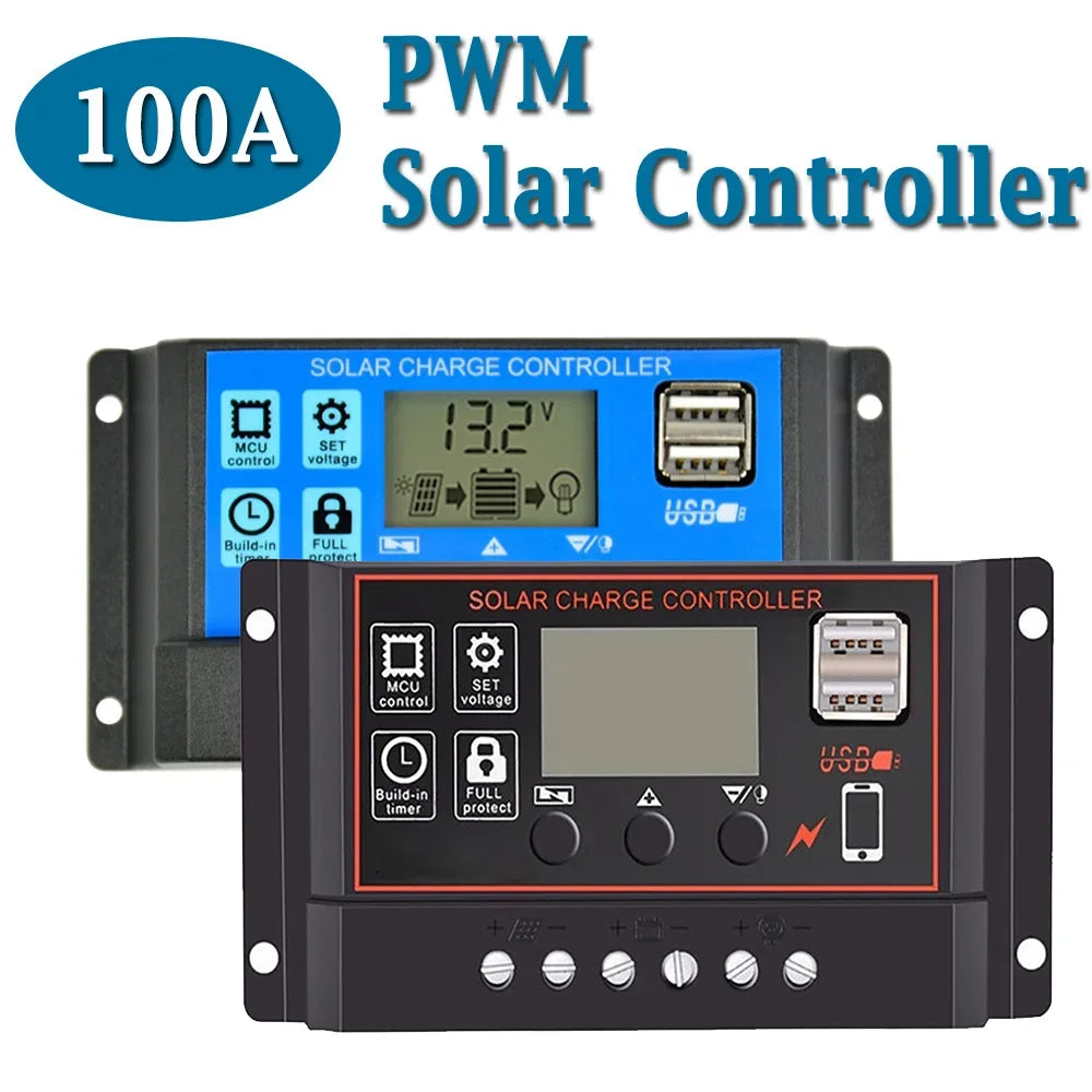 Régulateur Solaire PWM 100A 12V 24V Écran LCD 2 Ports USB