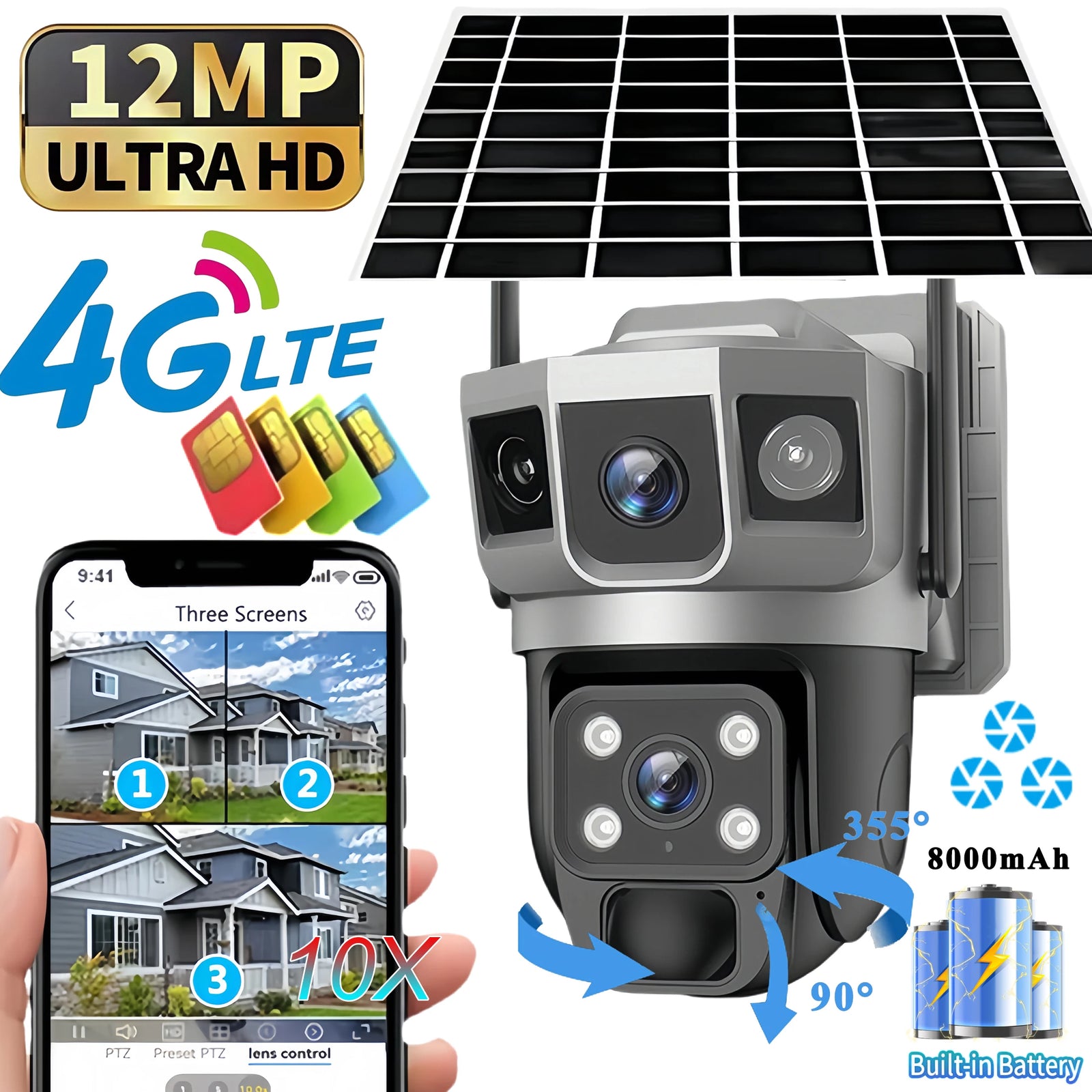 Caméra Solaire 4G PTZ Triple Écran Suivi Auto