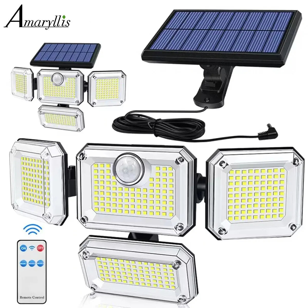 Projecteur Solaire Extérieur 333 LED Détecteur de Mouvement 4 Têtes