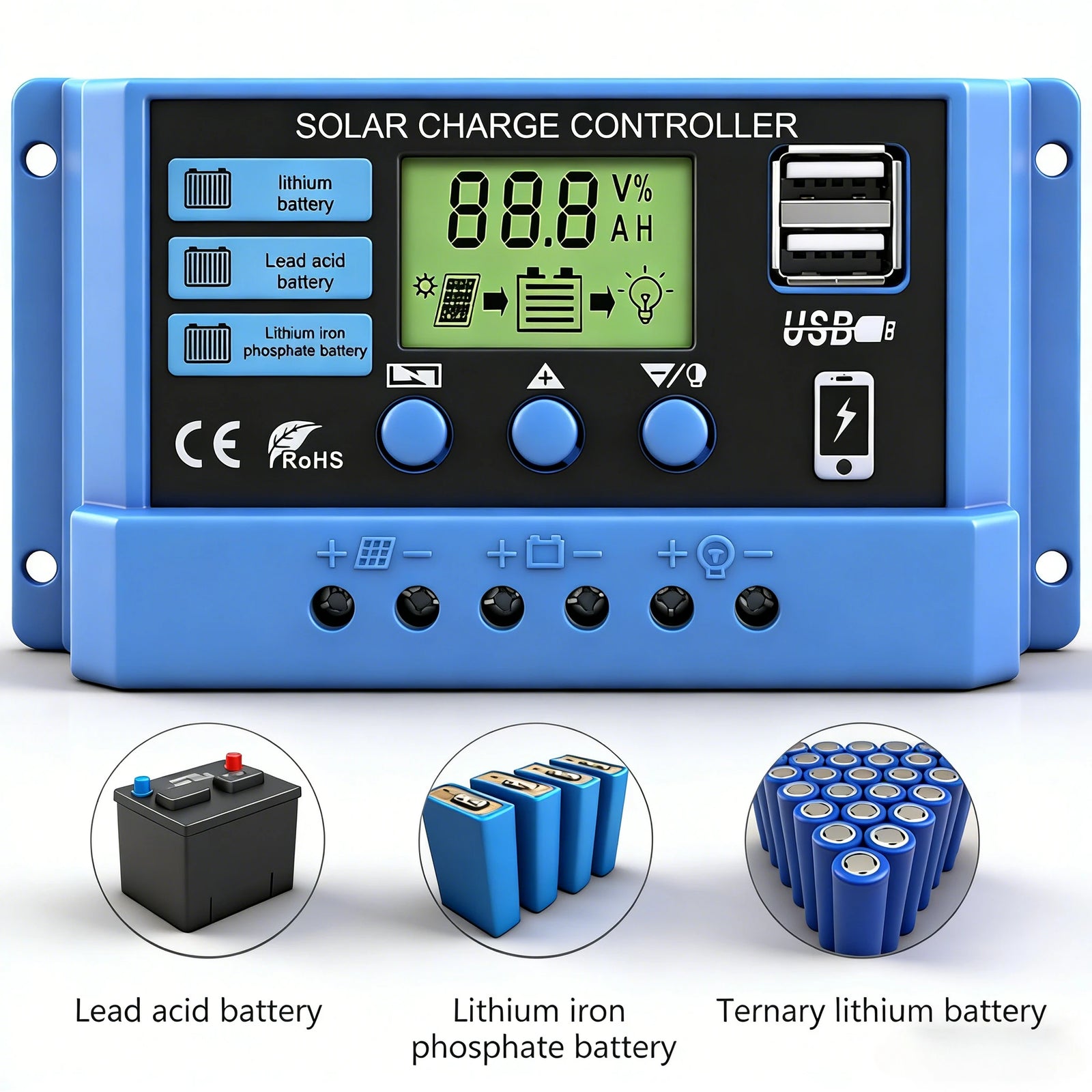 Régulateur Solaire PWM 30A 12V 24V LCD Double USB Minuterie