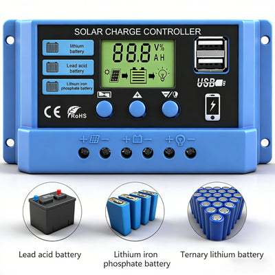 Régulateur Solaire PWM 30A 12V 24V LCD Double USB Minuterie
