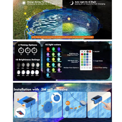 Lampe Solaire Piscine Submersible RGB IP68 avec Télécommande